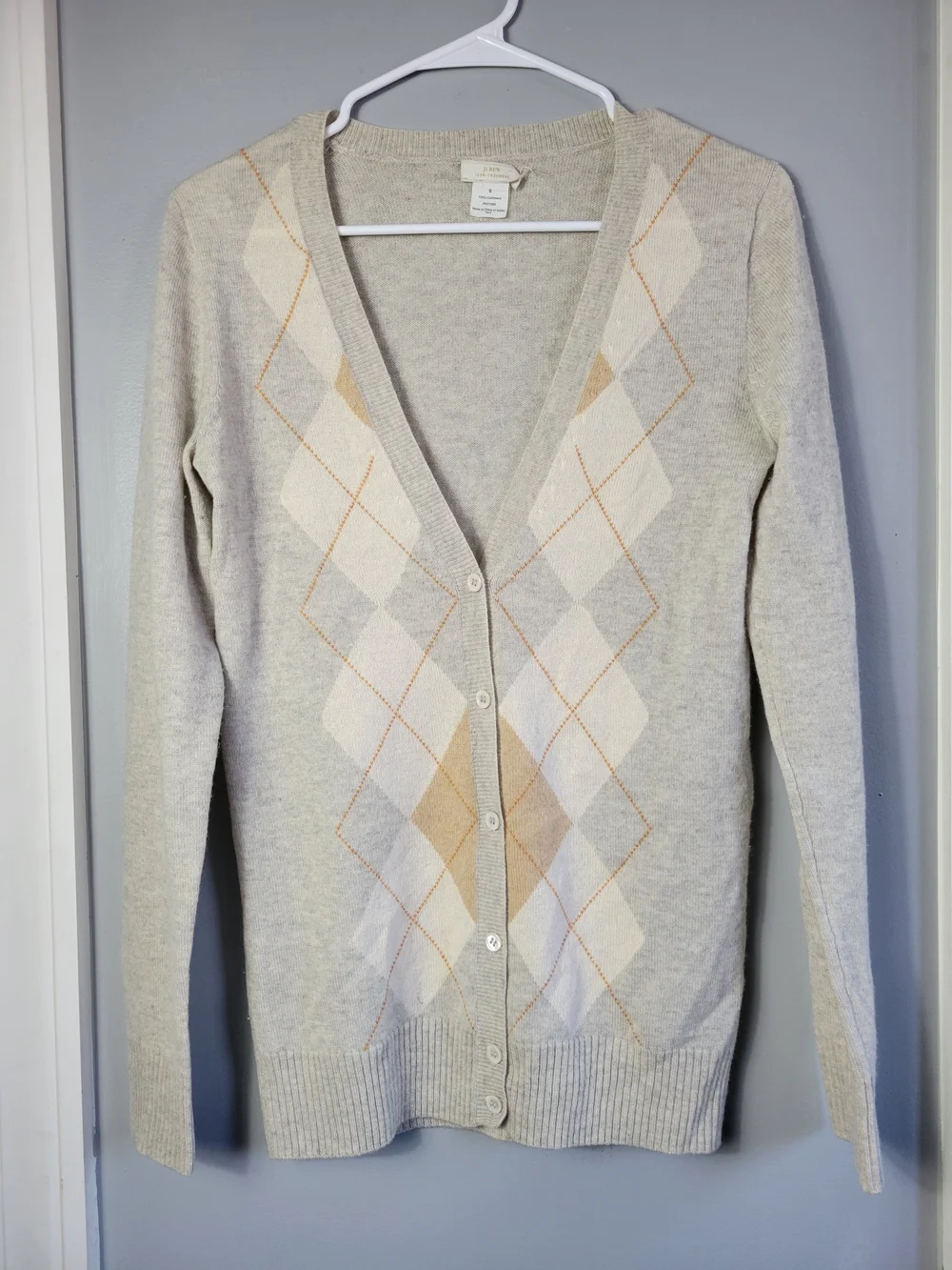 J. Crew Beige and Cream Argyle V-Neck Cardigan
